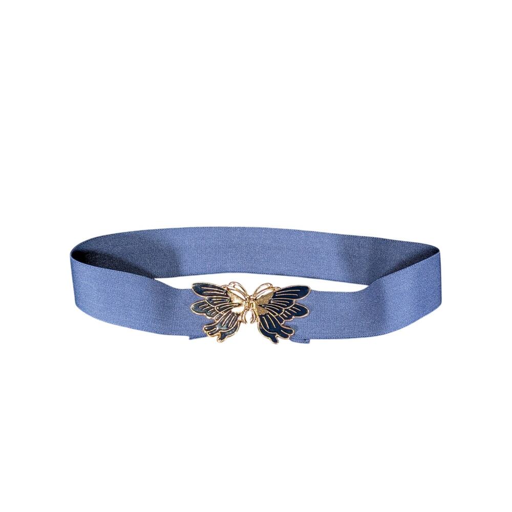 Vintage 1970s Navy Butterfly Stretch Belt Gold Tone Enamel Buckle Boho Hippie